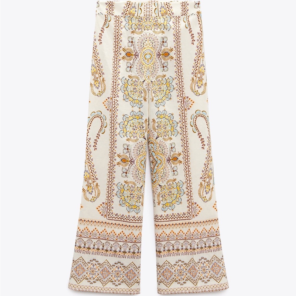Zara Cream Paisley-Print Wide-Leg Jumpsuit Pants